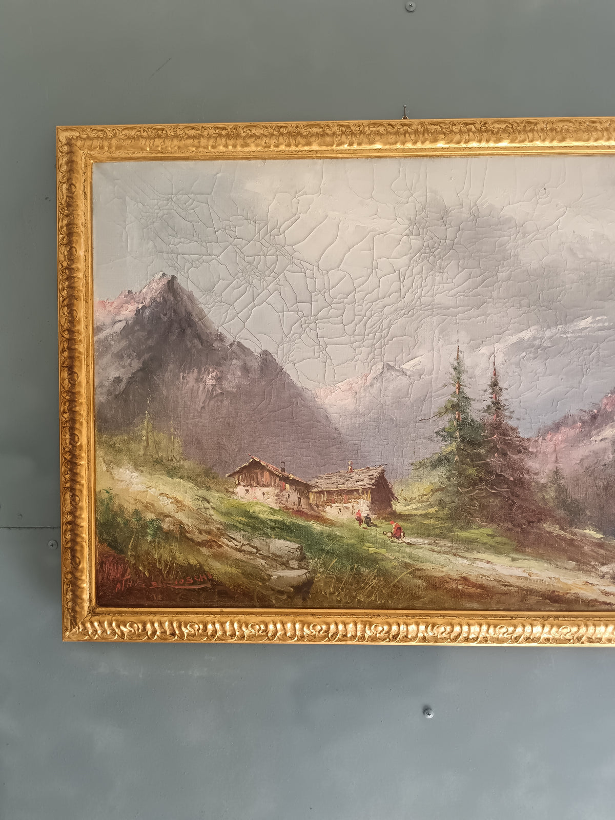 ATHOS BRIOSCHI Paesaggio Alpino con Baite Olio su Tela Firmato 50x70 cm