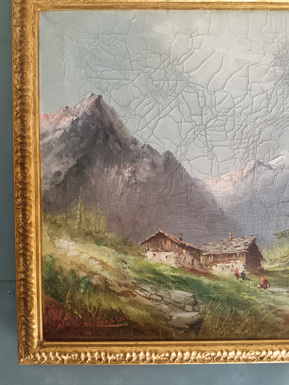 ATHOS BRIOSCHI Paesaggio Alpino con Baite Olio su Tela Firmato 50x70 cm
