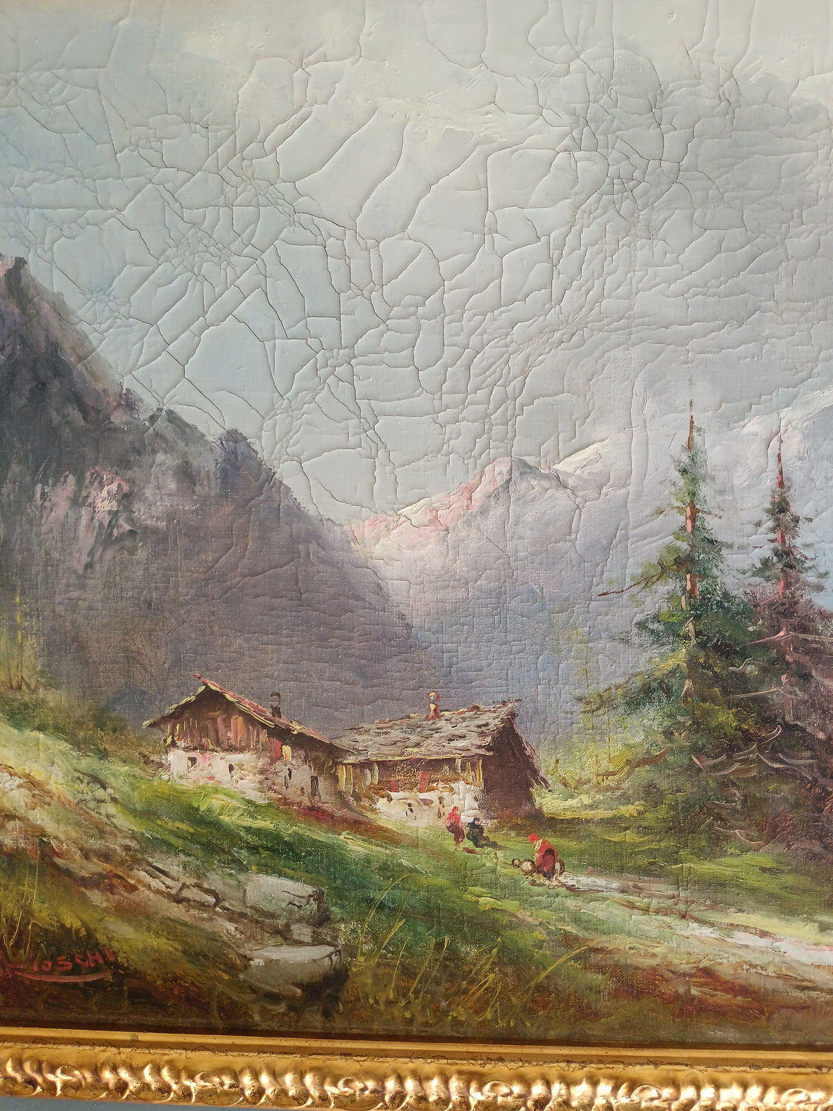 ATHOS BRIOSCHI Paesaggio Alpino con Baite Olio su Tela Firmato 50x70 cm