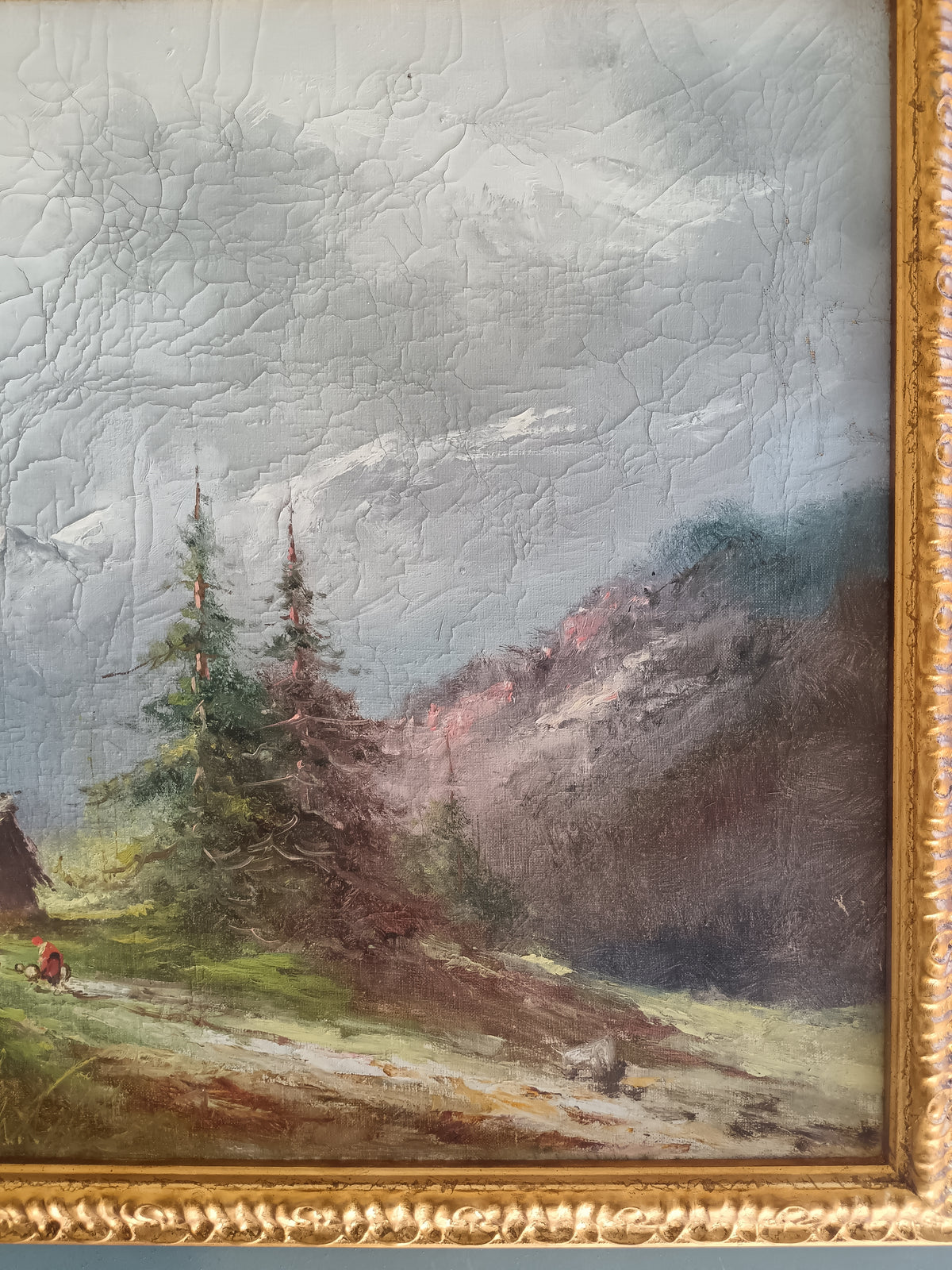 ATHOS BRIOSCHI Paesaggio Alpino con Baite Olio su Tela Firmato 50x70 cm