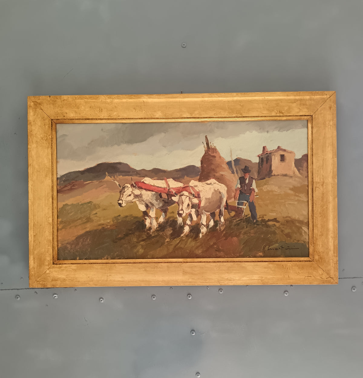 RENZO MARTINI 1937-2005 Contadini con Buoi Olio su Tavola Firmato 60x33 cm