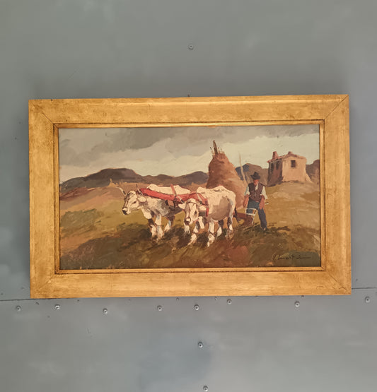 RENZO MARTINI 1937-2005 Contadini con Buoi Olio su Tavola Firmato 60x33 cm