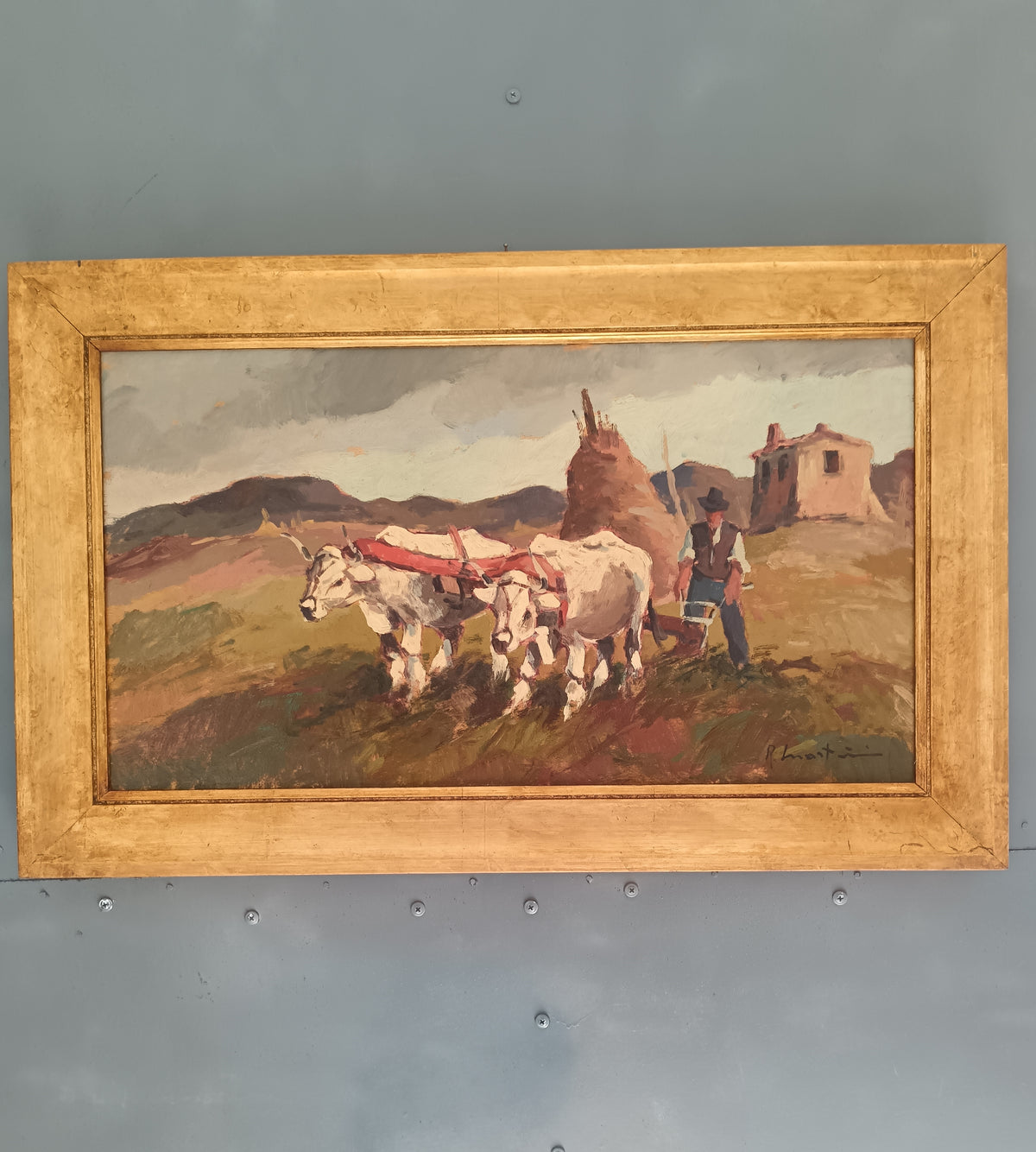 RENZO MARTINI 1937-2005 Contadini con Buoi Olio su Tavola Firmato 60x33 cm