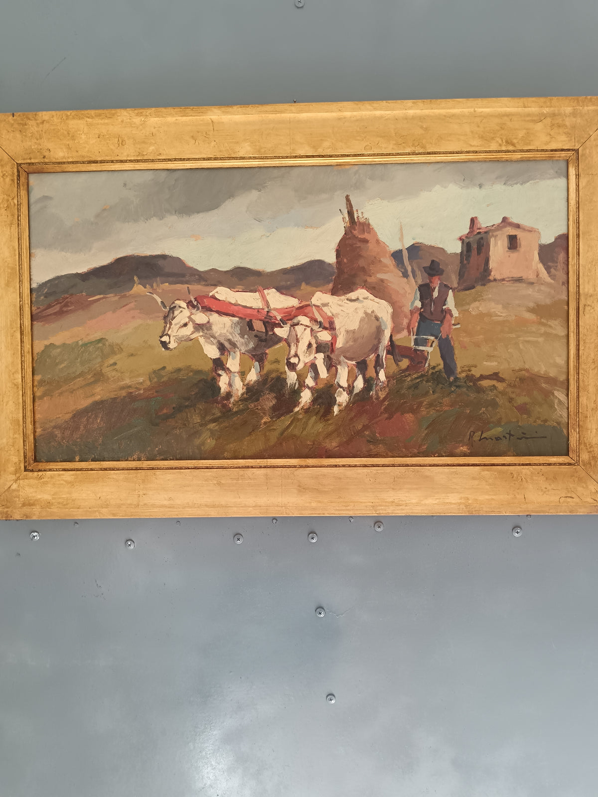 RENZO MARTINI 1937-2005 Contadini con Buoi Olio su Tavola Firmato 60x33 cm