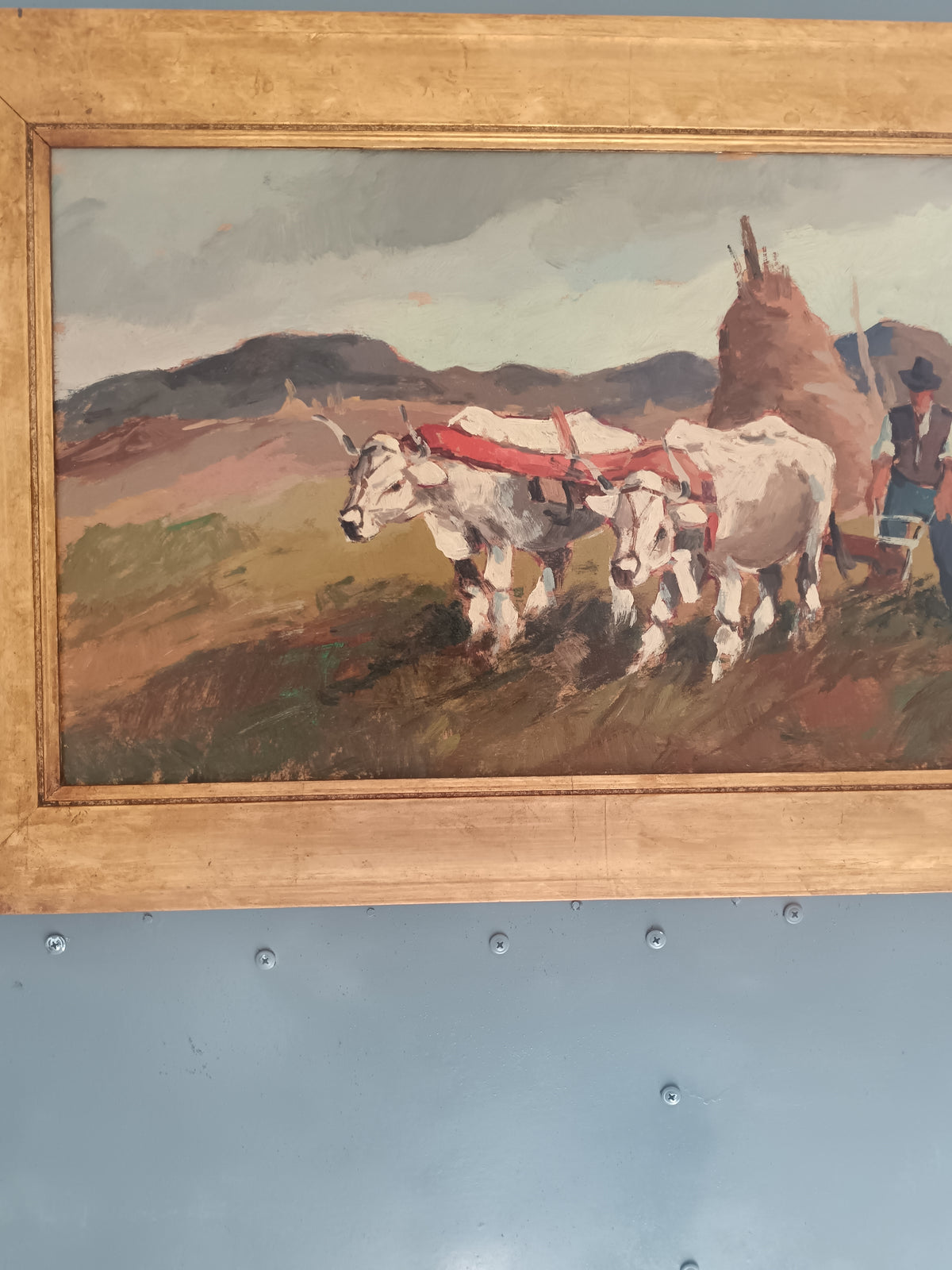 RENZO MARTINI 1937-2005 Contadini con Buoi Olio su Tavola Firmato 60x33 cm