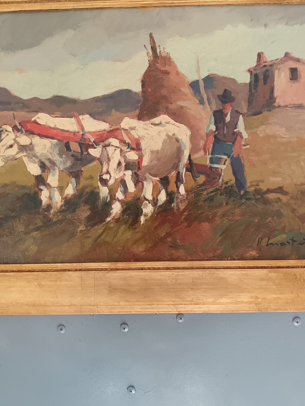 RENZO MARTINI 1937-2005 Contadini con Buoi Olio su Tavola Firmato 60x33 cm