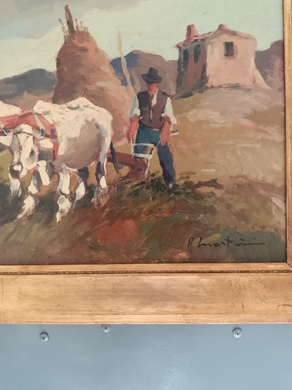 RENZO MARTINI 1937-2005 Contadini con Buoi Olio su Tavola Firmato 60x33 cm