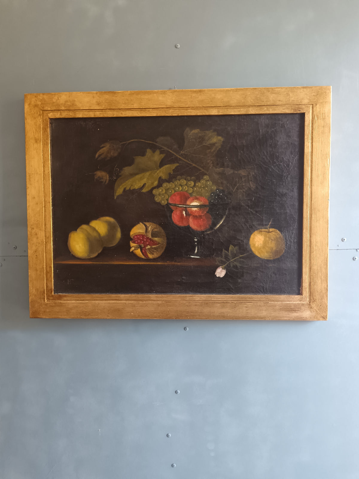 NATURA MORTA CON FRUTTA OLIO SU TELA MONOGRAMMATO MT VINTAGE QUADRO D'EPOCA