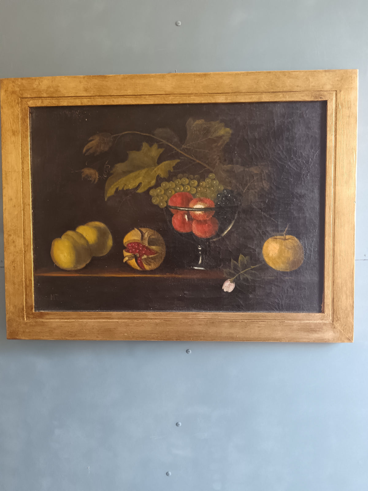 NATURA MORTA CON FRUTTA OLIO SU TELA MONOGRAMMATO MT VINTAGE QUADRO D'EPOCA