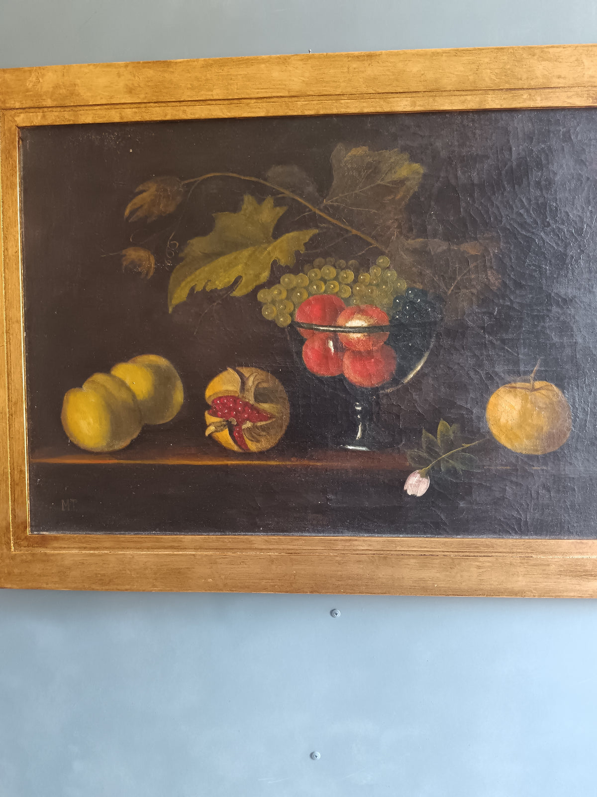 NATURA MORTA CON FRUTTA OLIO SU TELA MONOGRAMMATO MT VINTAGE QUADRO D'EPOCA