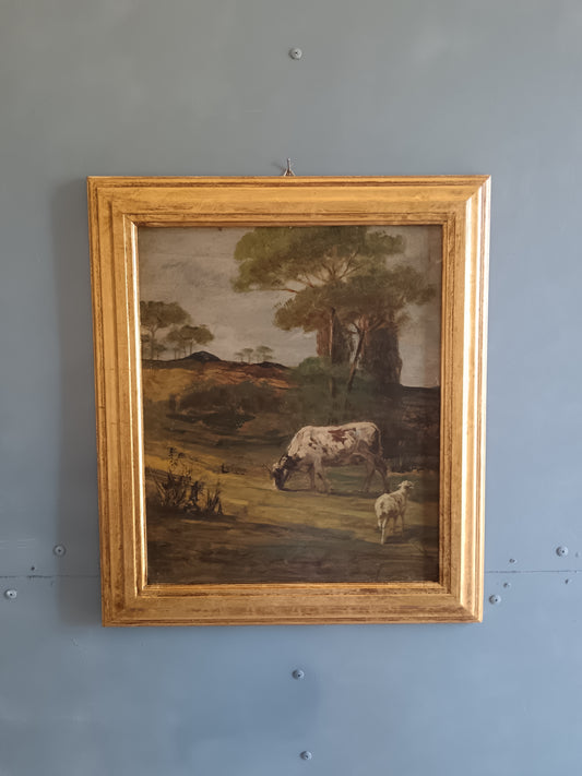 PAESAGGIO PASTORALE CON MUCCA E PECORA XX SECOLO OLIO SU LEGNO CORNICE DORATA