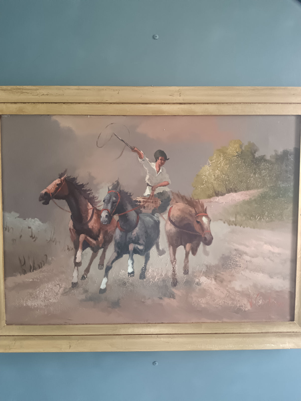 Victor Orlow 1911 – Cavalli al Galoppo con Cavaliere – Olio su Tela 70x50 – Firmato