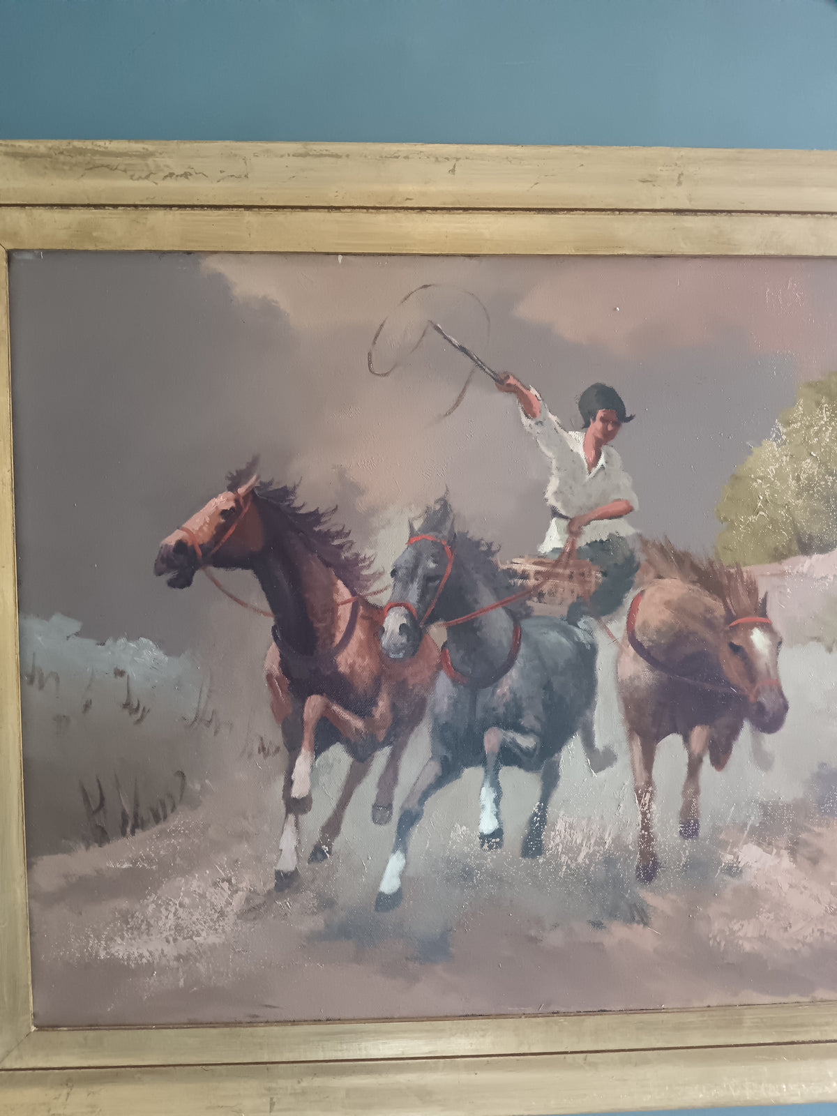 Victor Orlow 1911 – Cavalli al Galoppo con Cavaliere – Olio su Tela 70x50 – Firmato