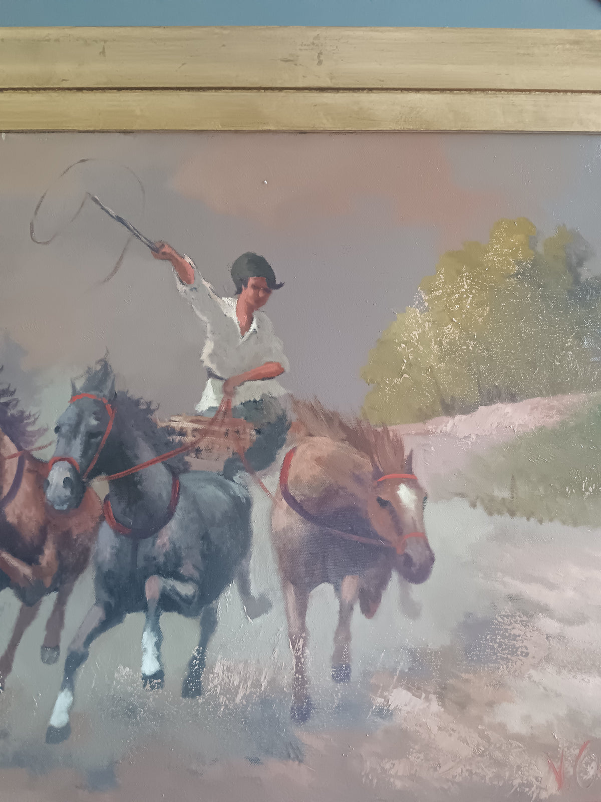 Victor Orlow 1911 – Cavalli al Galoppo con Cavaliere – Olio su Tela 70x50 – Firmato