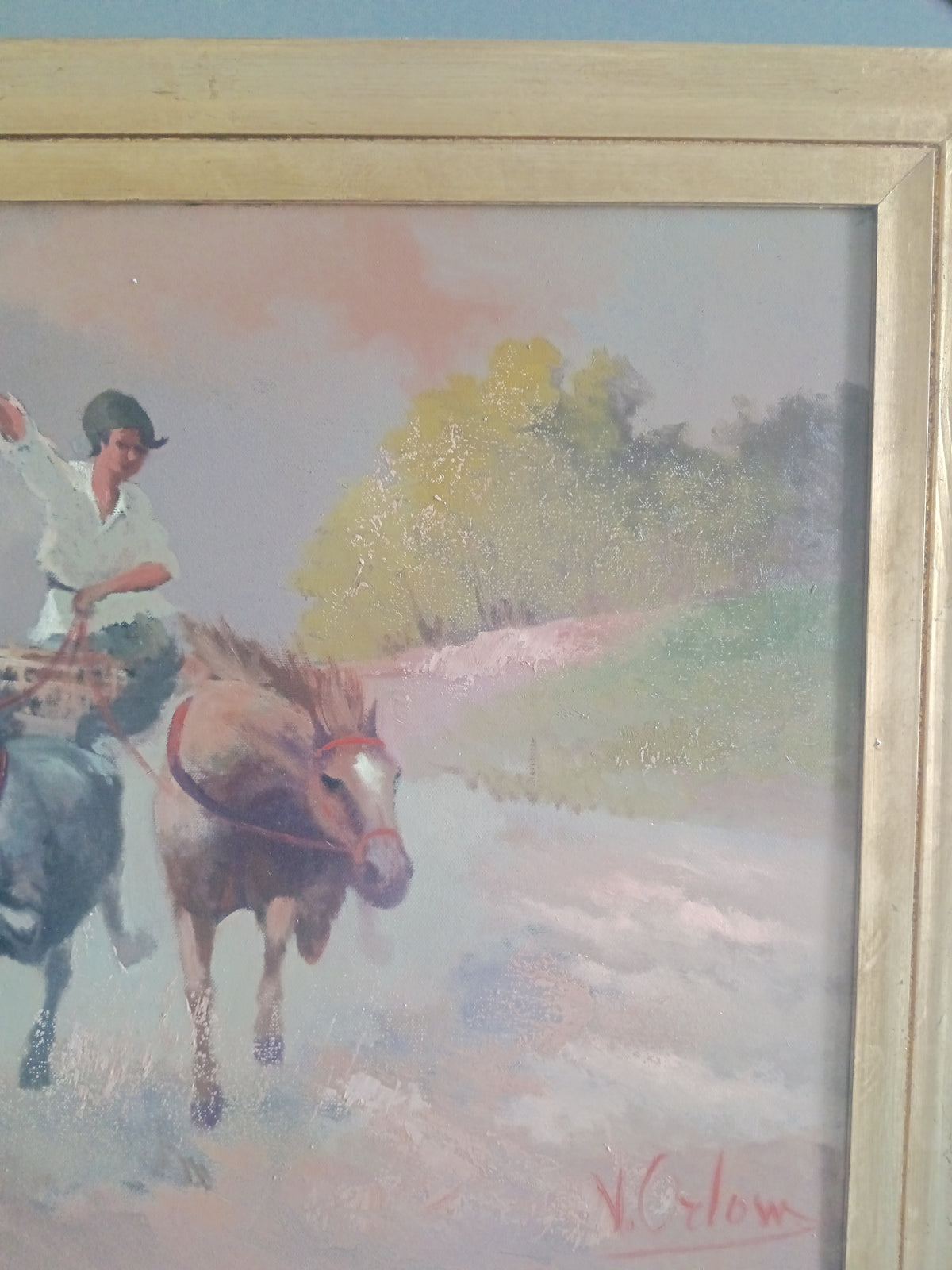 Victor Orlow 1911 – Cavalli al Galoppo con Cavaliere – Olio su Tela 70x50 – Firmato
