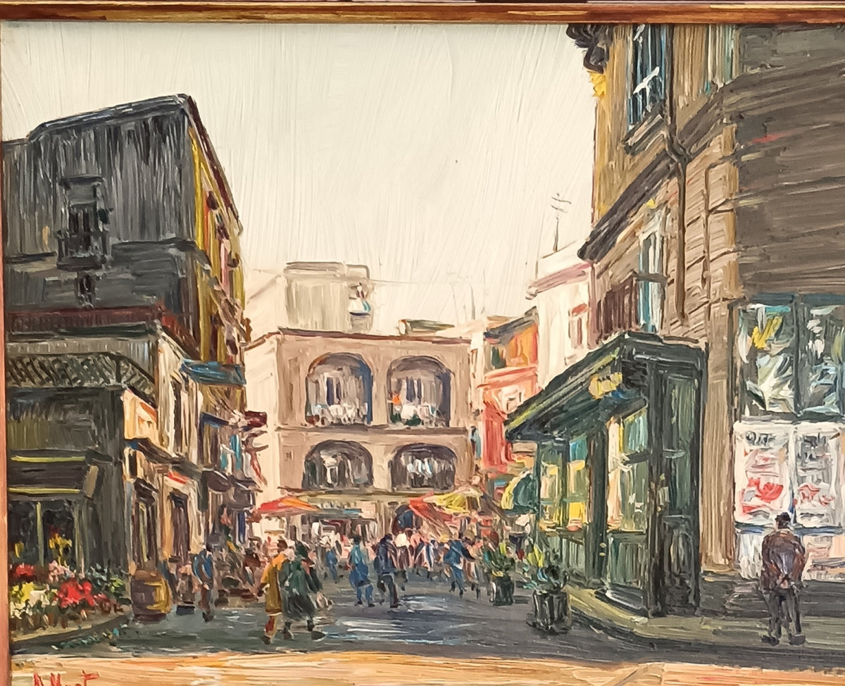 ANTONIO MARTUCCI (Napoli 1934) – MERCATO NAPOLETANO – OLIO SU TAVOLA