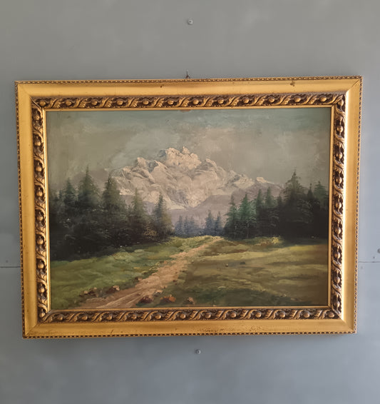 PAESAGGIO ALPINO MONTAGNE INNEVATE – OLIO SU CARTONCINO – CORNICE DORATA D’EPOCA
