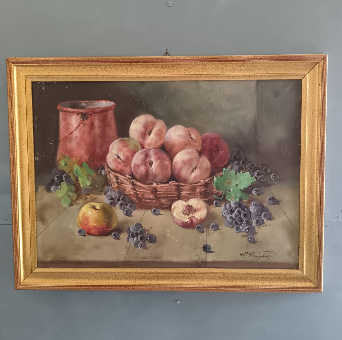 GIUSEPPE PREVITALI (1909-2000) – NATURA MORTA CON PESCHE E UVA – OLIO SU TELA 50x70