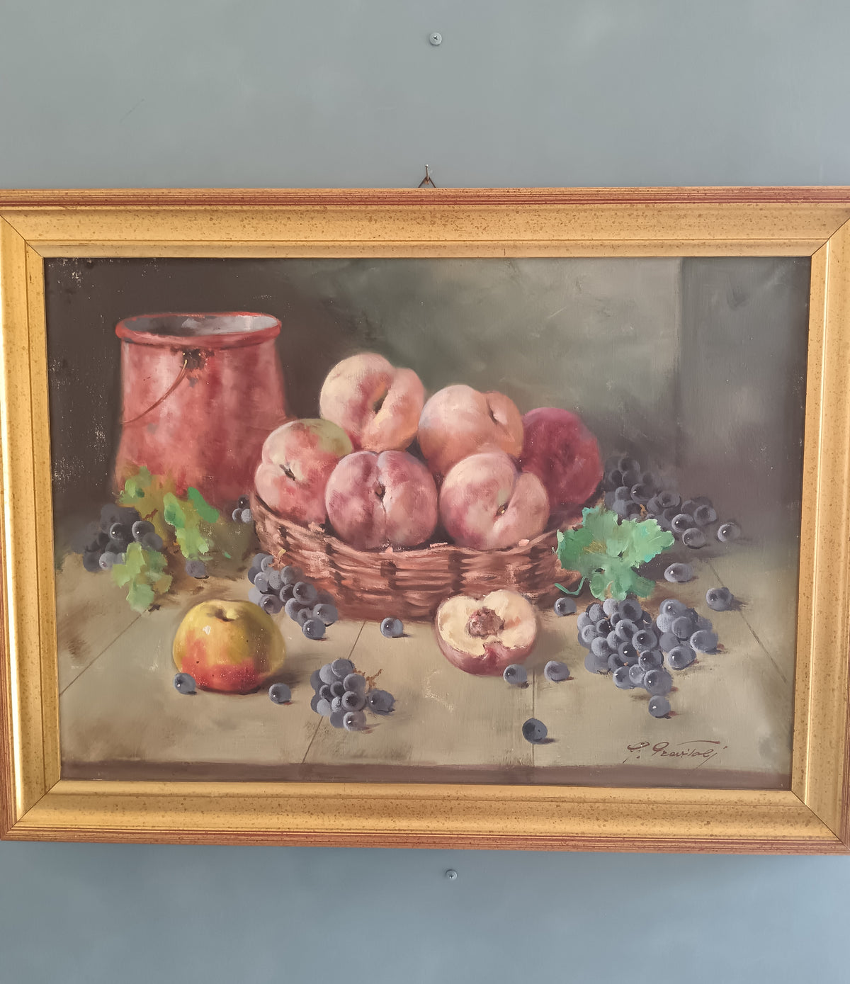 GIUSEPPE PREVITALI (1909-2000) – NATURA MORTA CON PESCHE E UVA – OLIO SU TELA 50x70