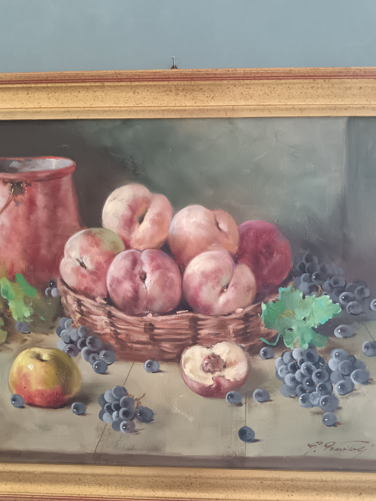 GIUSEPPE PREVITALI (1909-2000) – NATURA MORTA CON PESCHE E UVA – OLIO SU TELA 50x70