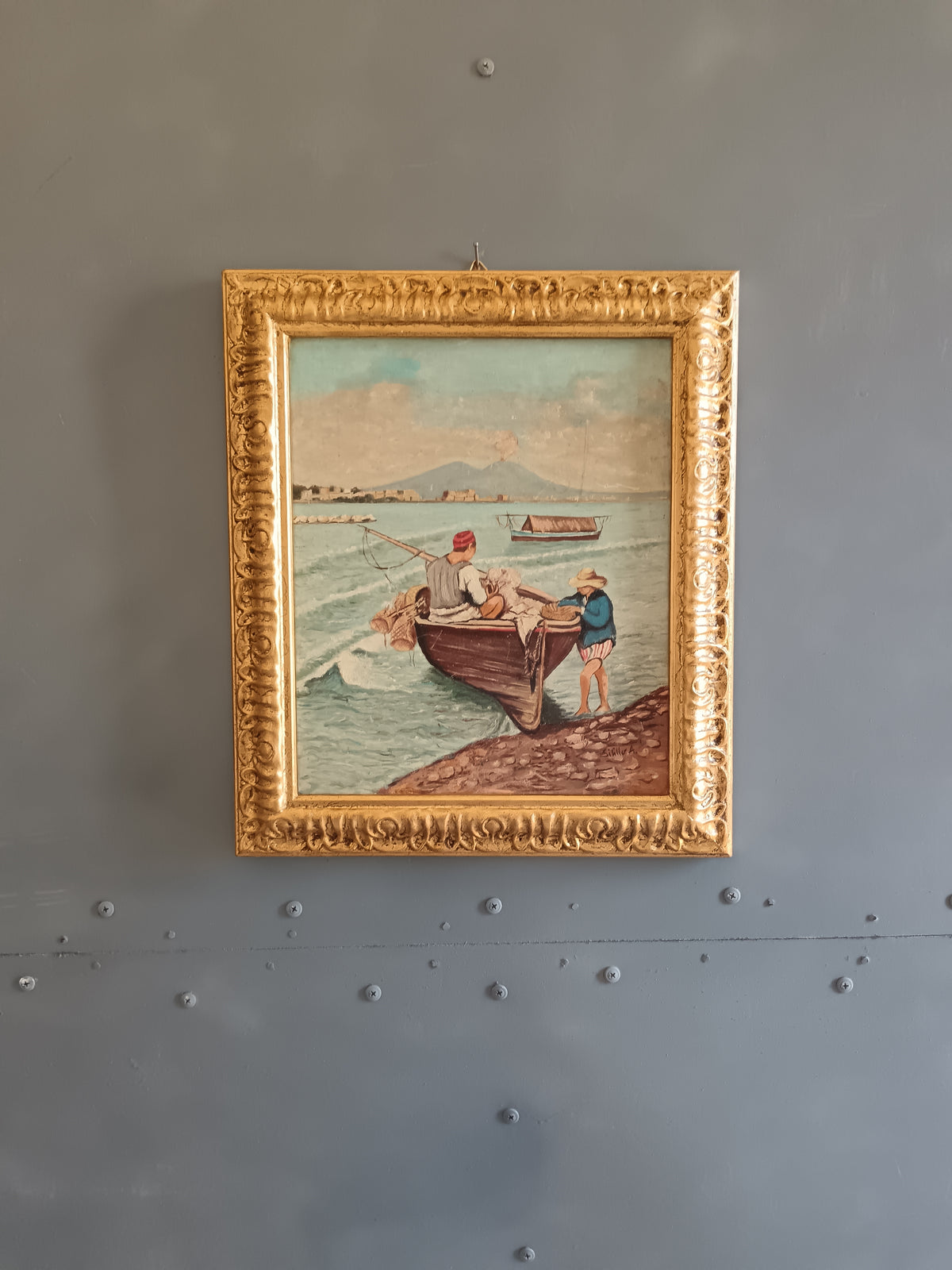 DIPINTO NAPOLETANO – PESCATORI CON BARCA E VESUVIO – OLIO SU CARTONCINO – FIRMATO