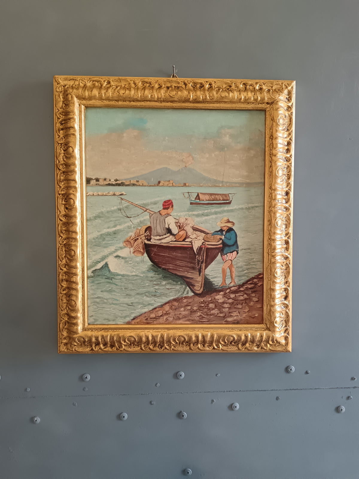 DIPINTO NAPOLETANO – PESCATORI CON BARCA E VESUVIO – OLIO SU CARTONCINO – FIRMATO