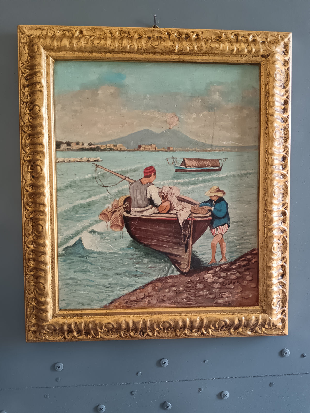 DIPINTO NAPOLETANO – PESCATORI CON BARCA E VESUVIO – OLIO SU CARTONCINO – FIRMATO