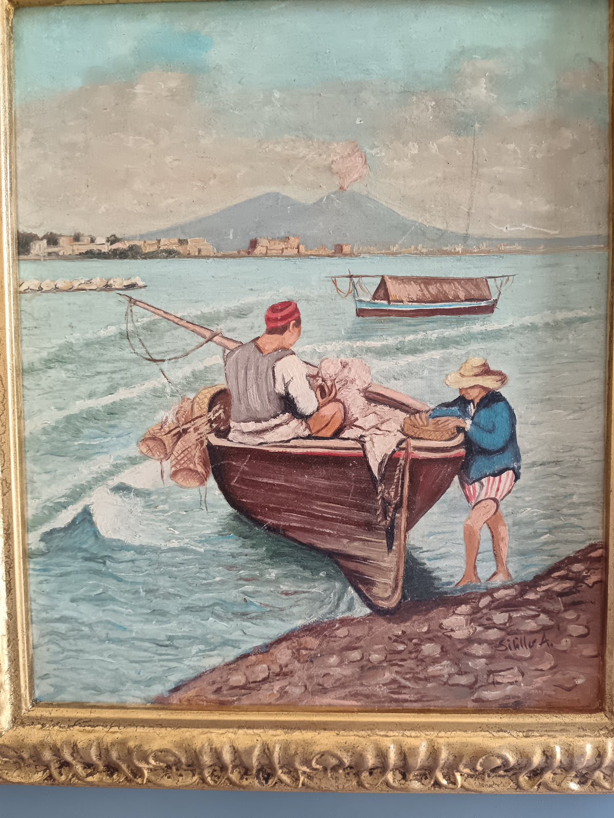 DIPINTO NAPOLETANO – PESCATORI CON BARCA E VESUVIO – OLIO SU CARTONCINO – FIRMATO