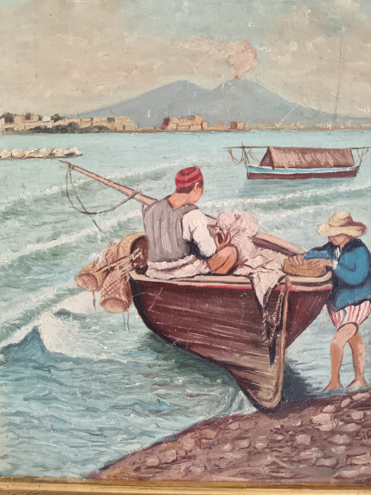 DIPINTO NAPOLETANO – PESCATORI CON BARCA E VESUVIO – OLIO SU CARTONCINO – FIRMATO