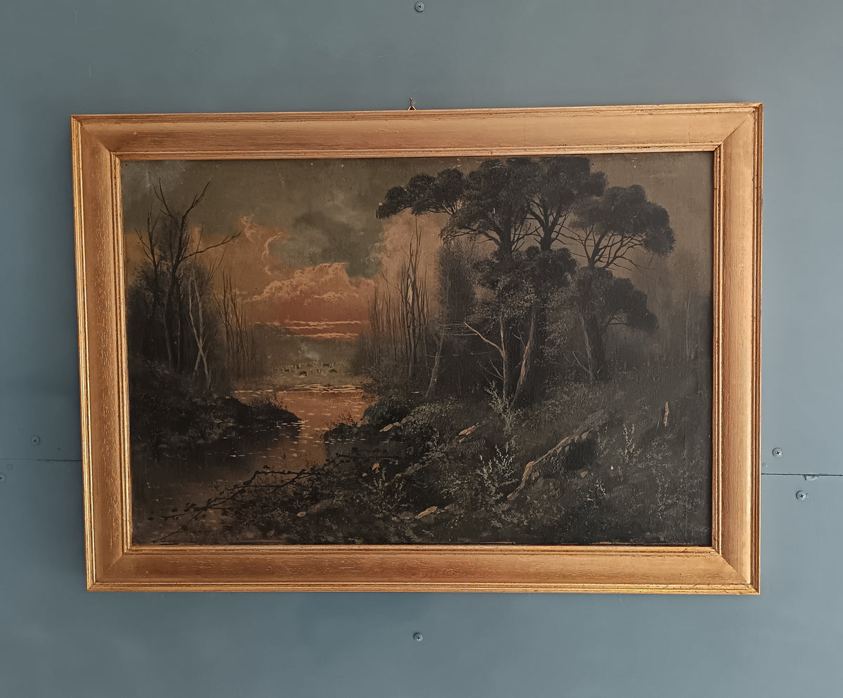 OLIO SU TELA PAESAGGIO AL TRAMONTO XIX SECOLO FINE '800 QUADRO D'EPOCA 73x49