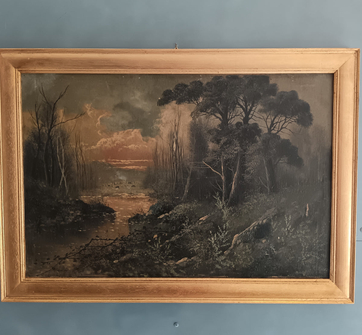OLIO SU TELA PAESAGGIO AL TRAMONTO XIX SECOLO FINE '800 QUADRO D'EPOCA 73x49