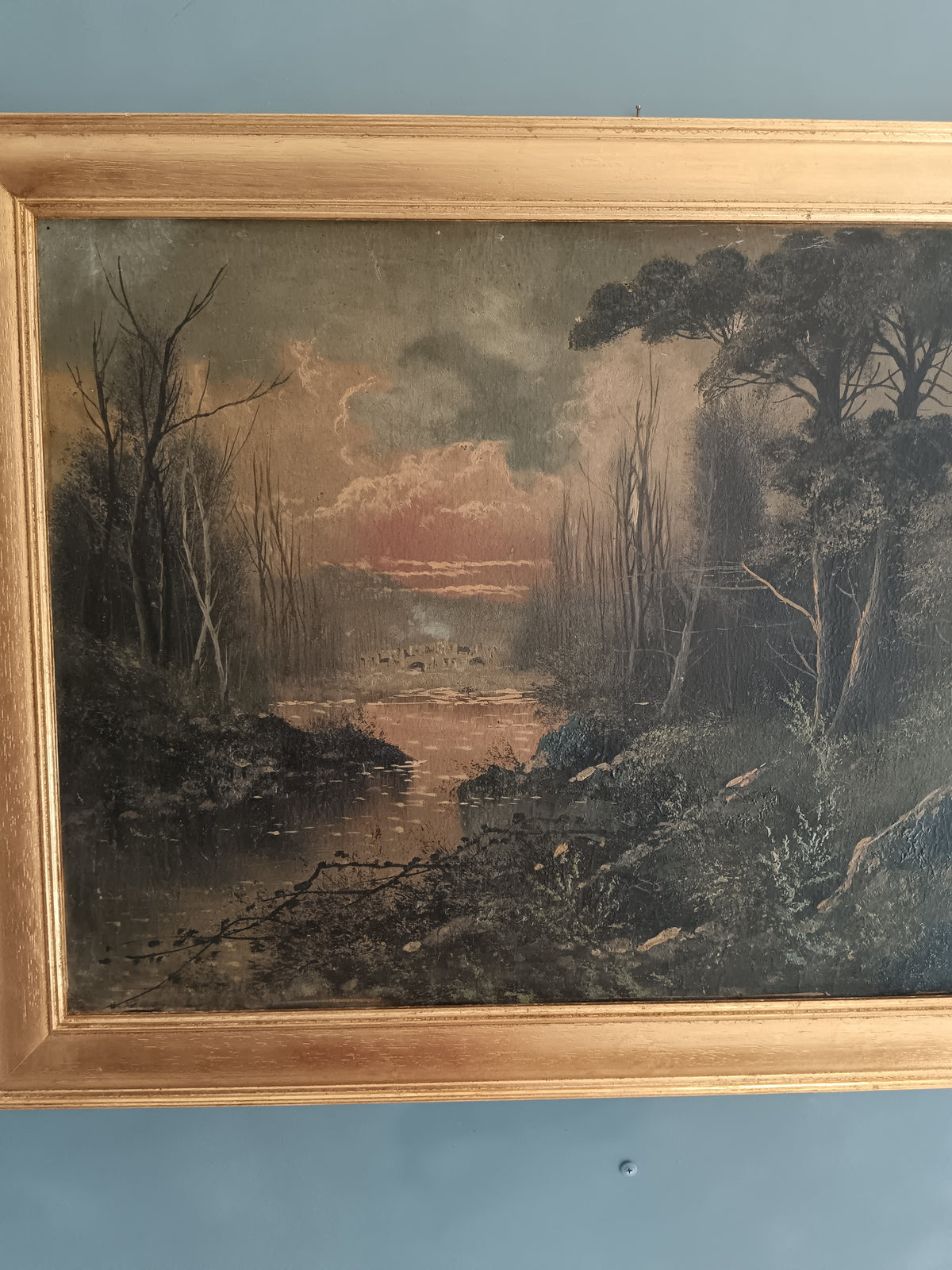 OLIO SU TELA PAESAGGIO AL TRAMONTO XIX SECOLO FINE '800 QUADRO D'EPOCA 73x49
