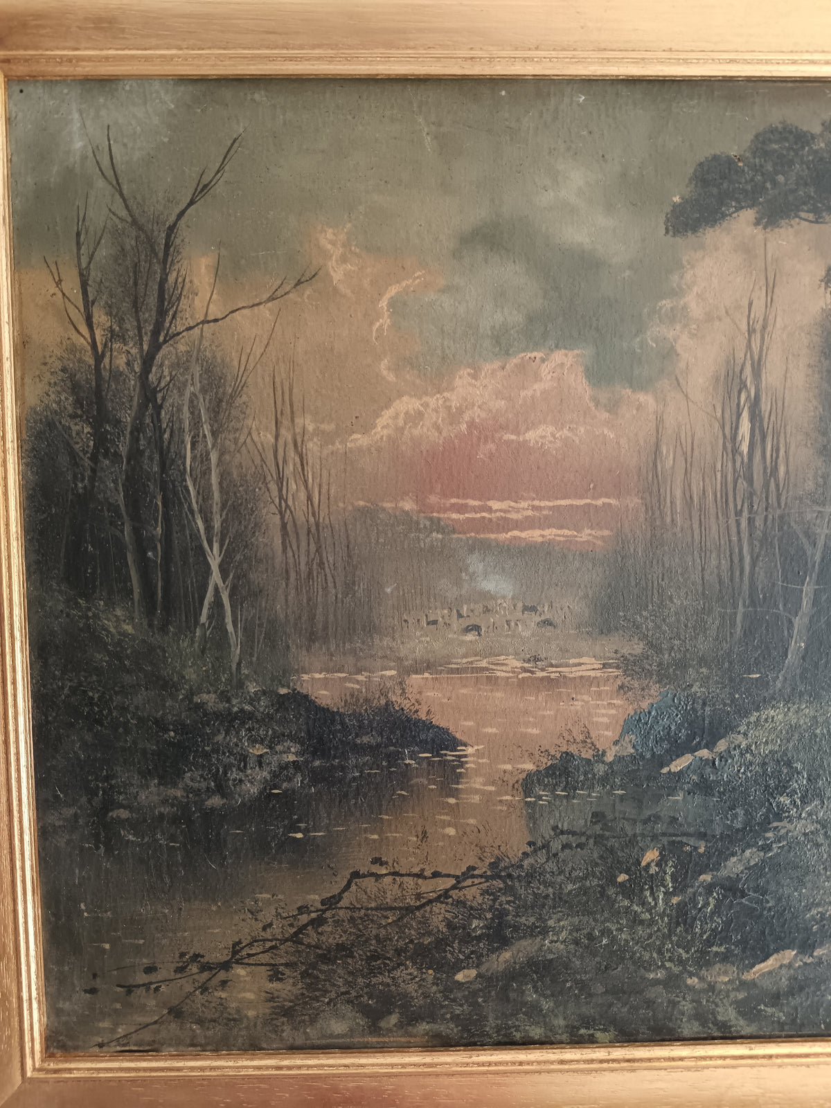 OLIO SU TELA PAESAGGIO AL TRAMONTO XIX SECOLO FINE '800 QUADRO D'EPOCA 73x49