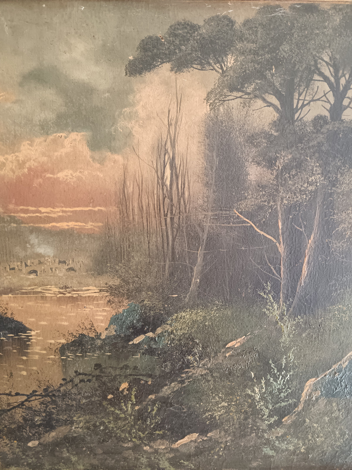 OLIO SU TELA PAESAGGIO AL TRAMONTO XIX SECOLO FINE '800 QUADRO D'EPOCA 73x49