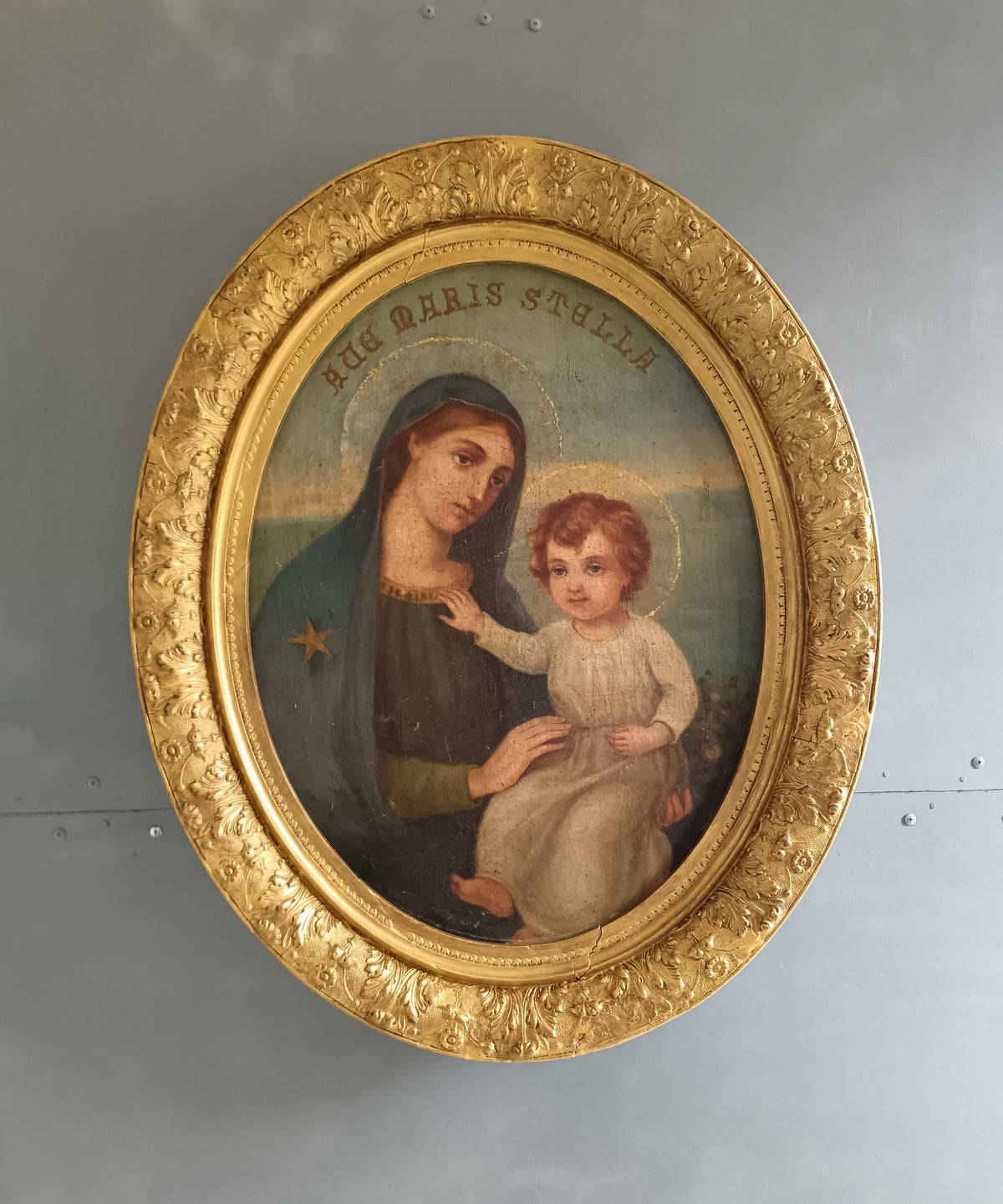 Dipinto Antico Madonna col Bambino Olio su Tela Fine '800 con Cornice Dorata