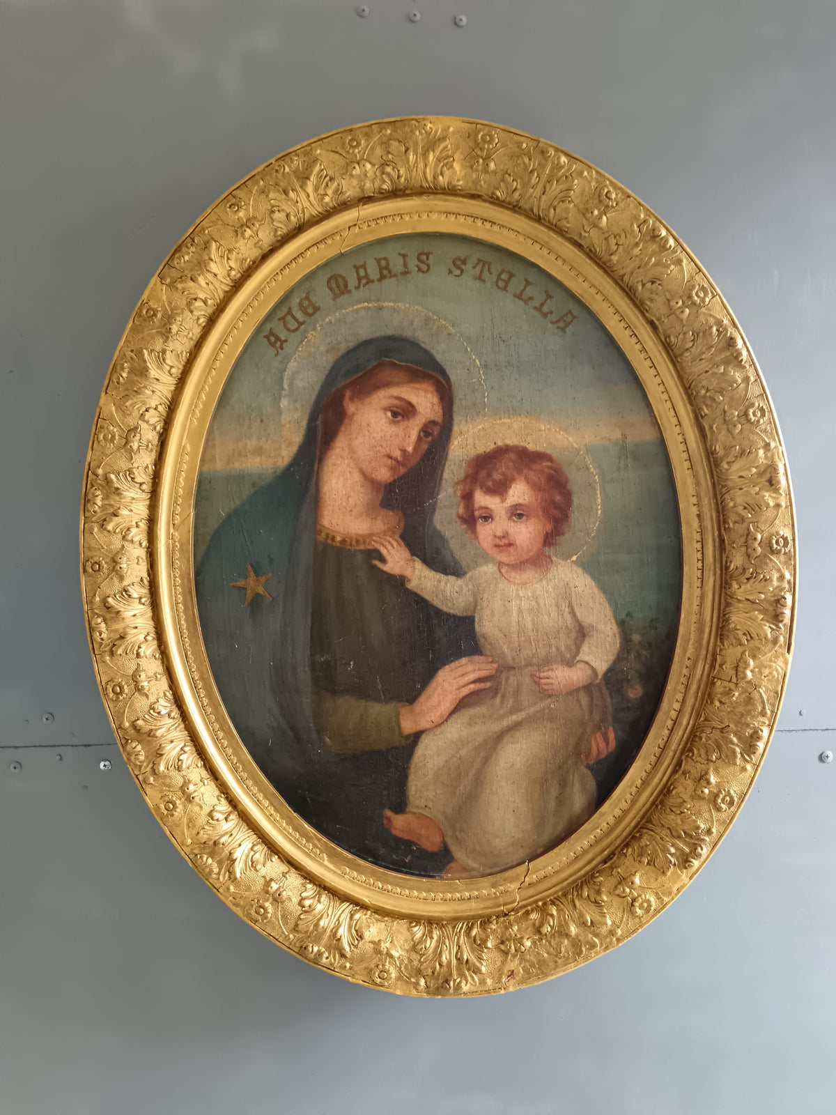 Dipinto Antico Madonna col Bambino Olio su Tela Fine '800 con Cornice Dorata