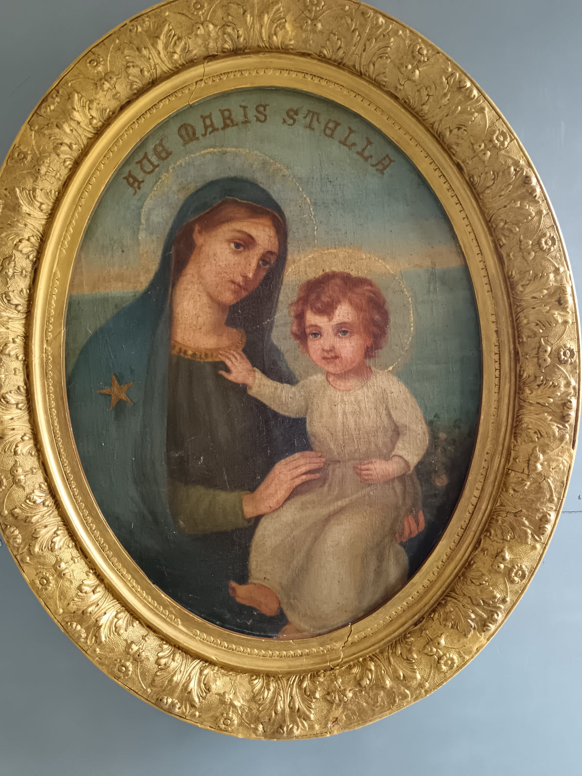 Dipinto Antico Madonna col Bambino Olio su Tela Fine '800 con Cornice Dorata