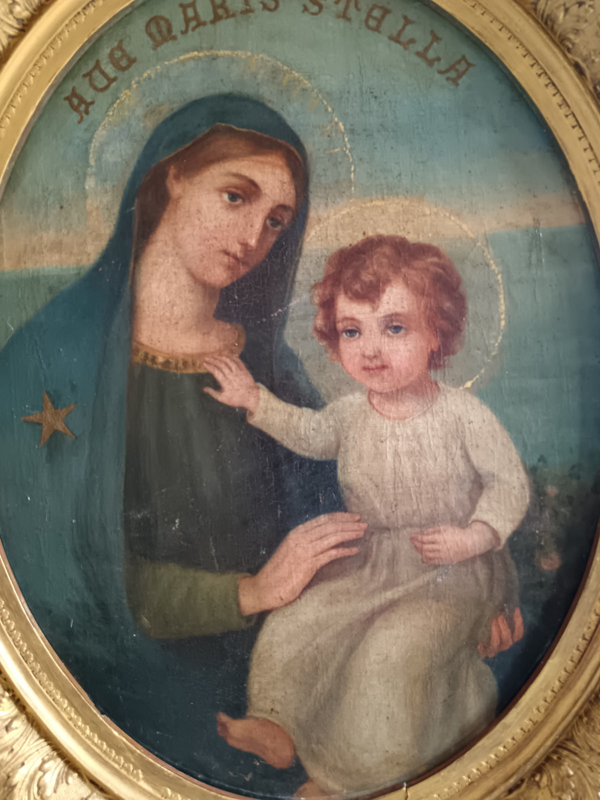 Dipinto Antico Madonna col Bambino Olio su Tela Fine '800 con Cornice Dorata