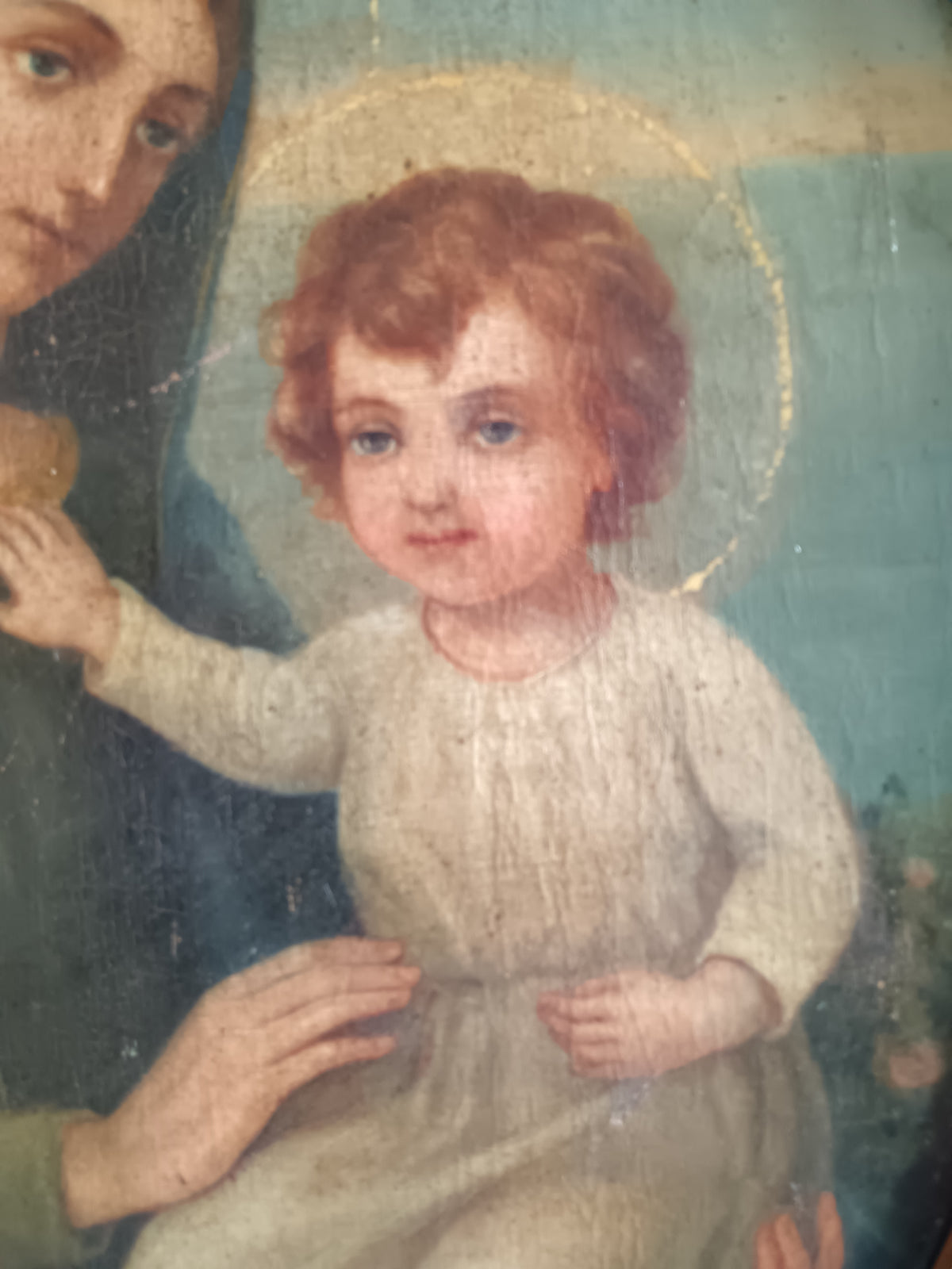 Dipinto Antico Madonna col Bambino Olio su Tela Fine '800 con Cornice Dorata