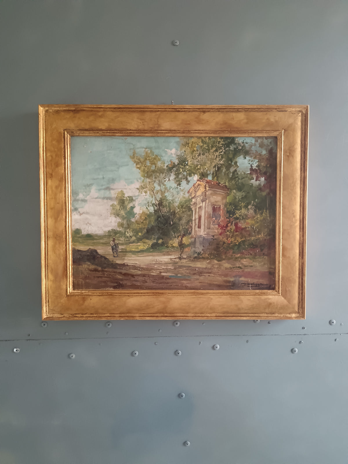 Dipinto Olio su Legno Paesaggio Italiano con Tempietto Firmato XX Secolo