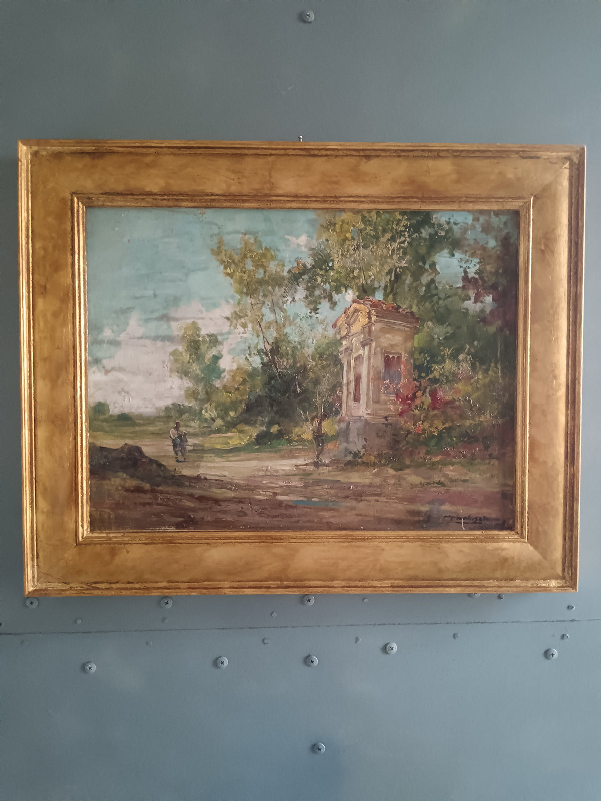 Dipinto Olio su Legno Paesaggio Italiano con Tempietto Firmato XX Secolo