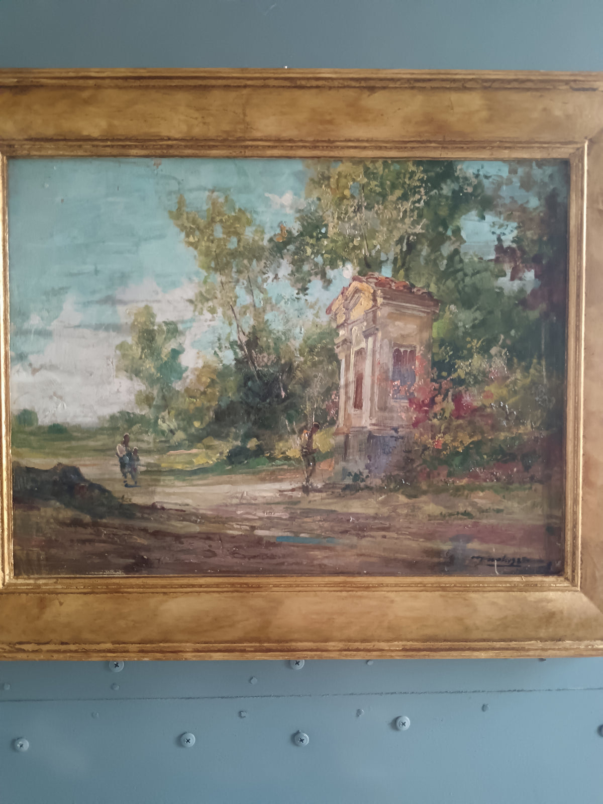 Dipinto Olio su Legno Paesaggio Italiano con Tempietto Firmato XX Secolo