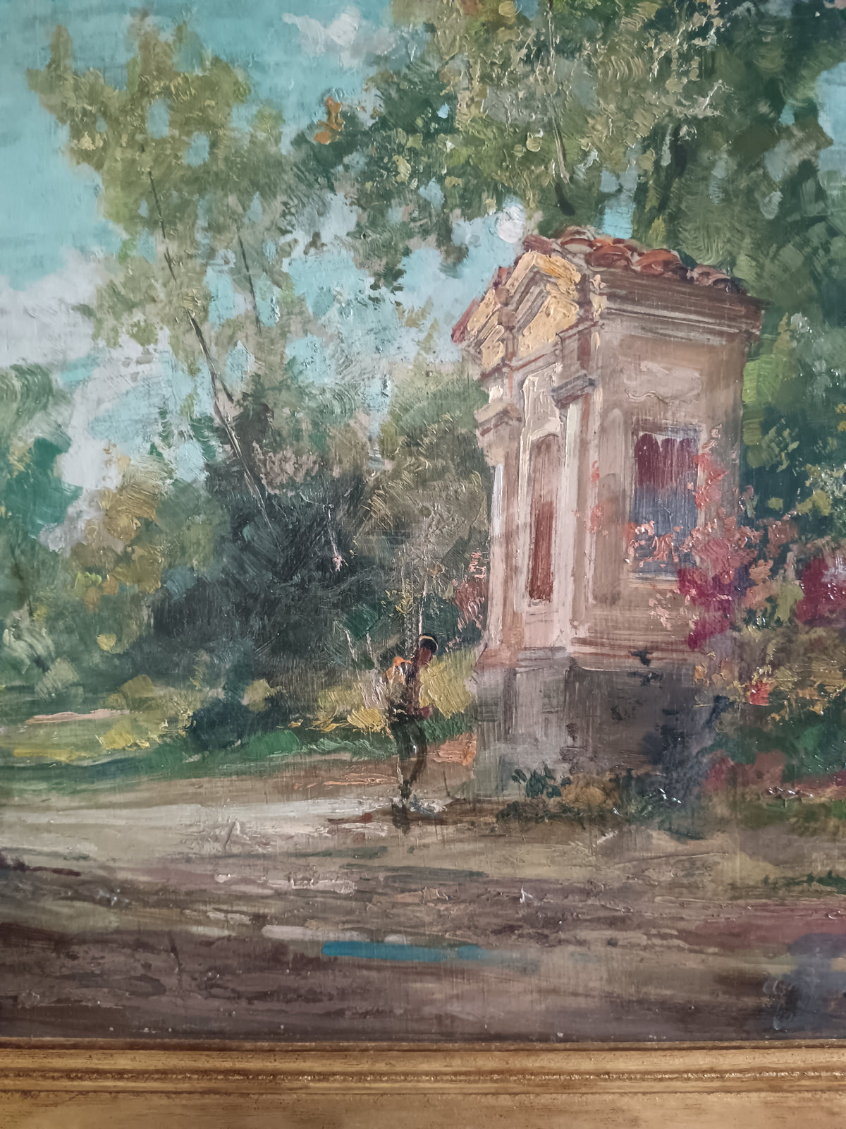 Dipinto Olio su Legno Paesaggio Italiano con Tempietto Firmato XX Secolo