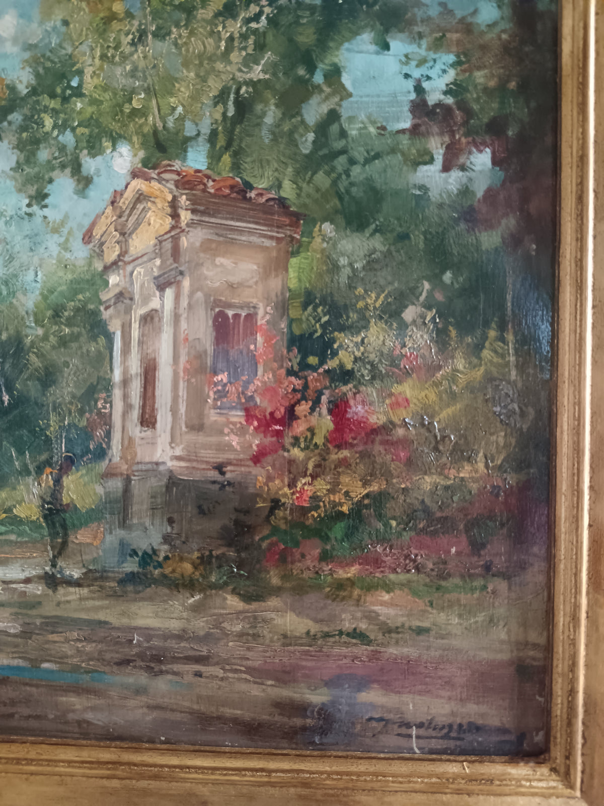 Dipinto Olio su Legno Paesaggio Italiano con Tempietto Firmato XX Secolo