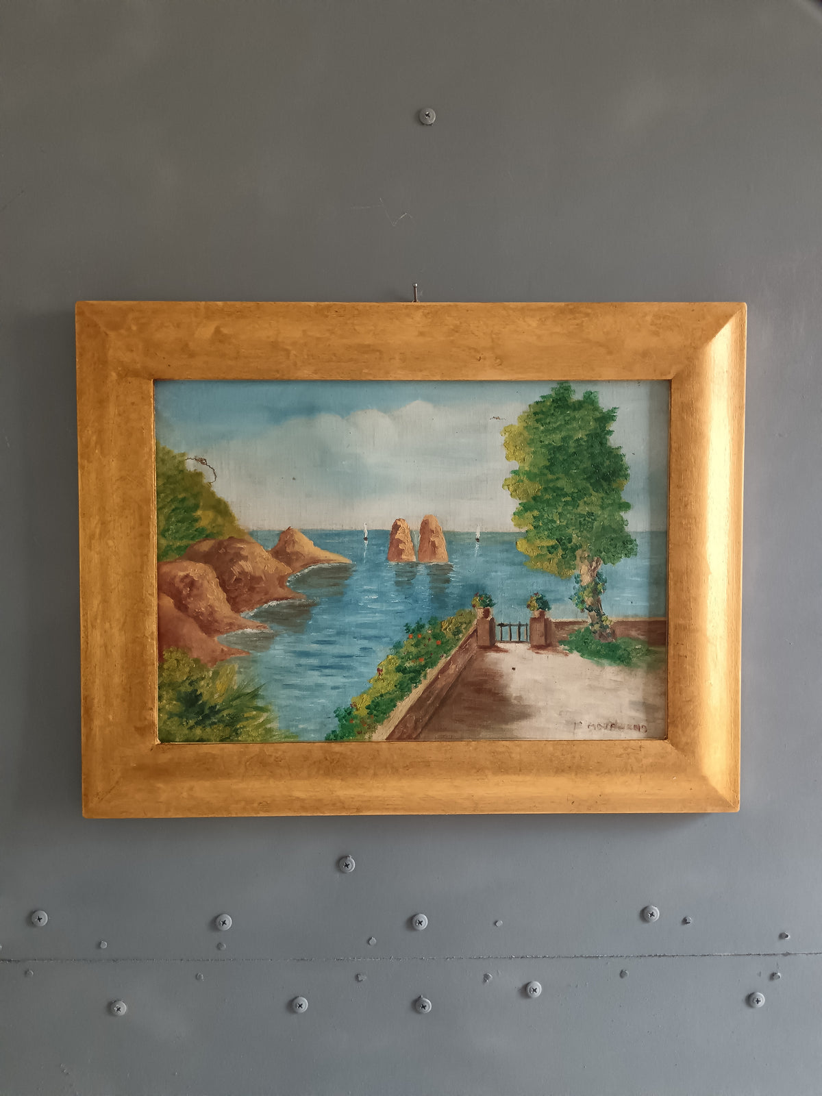 Dipinto Olio su Tela Paesaggio Marino Capri Faraglioni Firmato Napoli Vintage