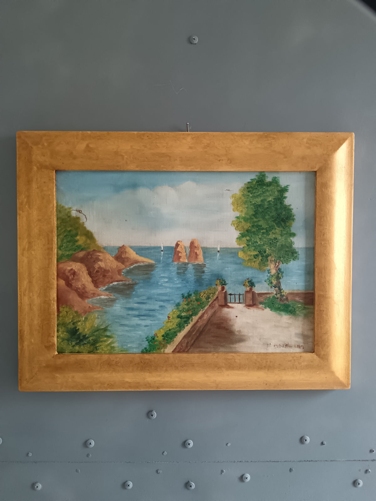 Dipinto Olio su Tela Paesaggio Marino Capri Faraglioni Firmato Napoli Vintage