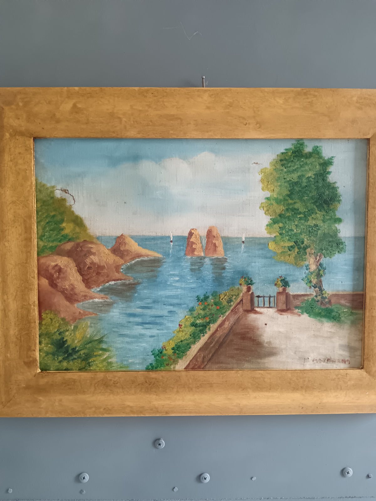 Dipinto Olio su Tela Paesaggio Marino Capri Faraglioni Firmato Napoli Vintage