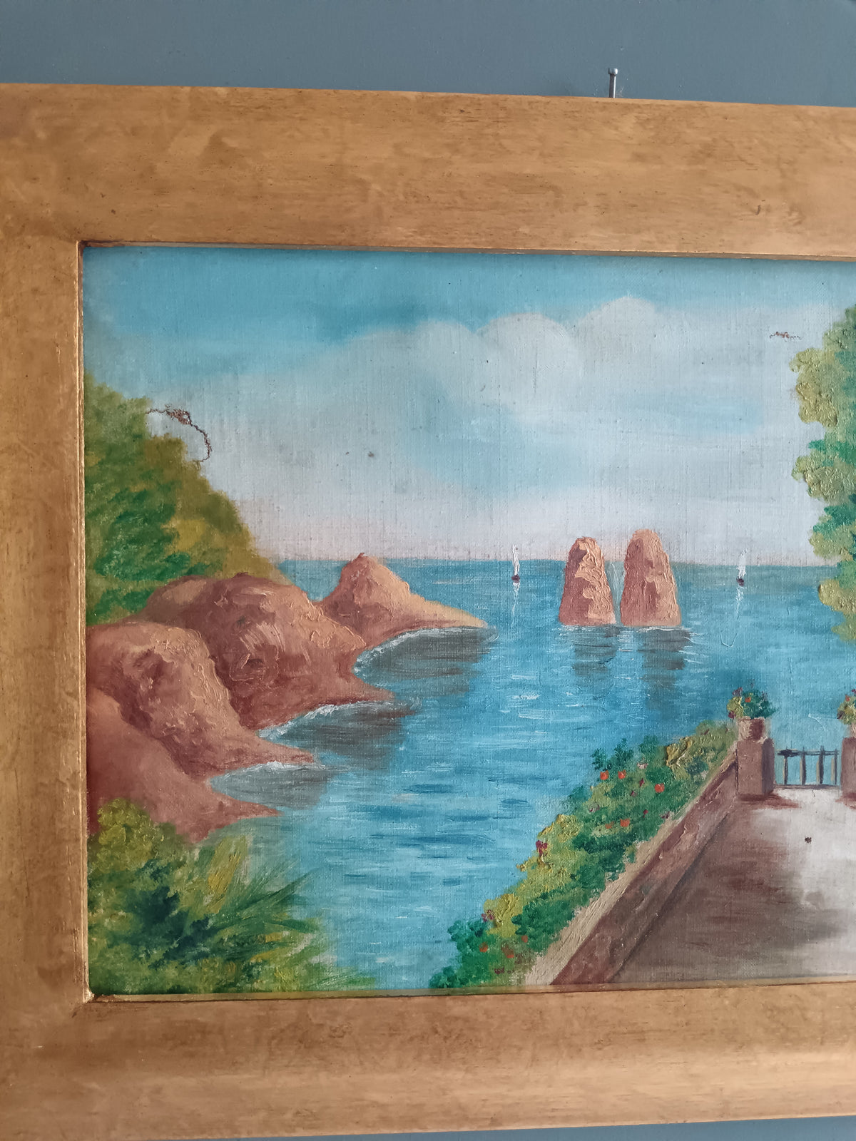Dipinto Olio su Tela Paesaggio Marino Capri Faraglioni Firmato Napoli Vintage