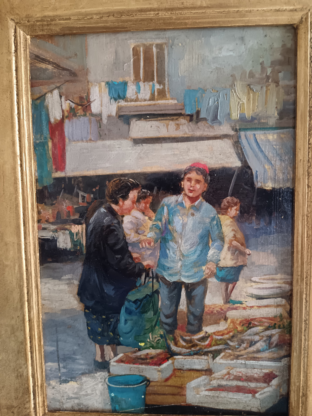 Dipinto Olio su Pannello Scena di Mercato del Pesce Figure Popolari XX Secolo