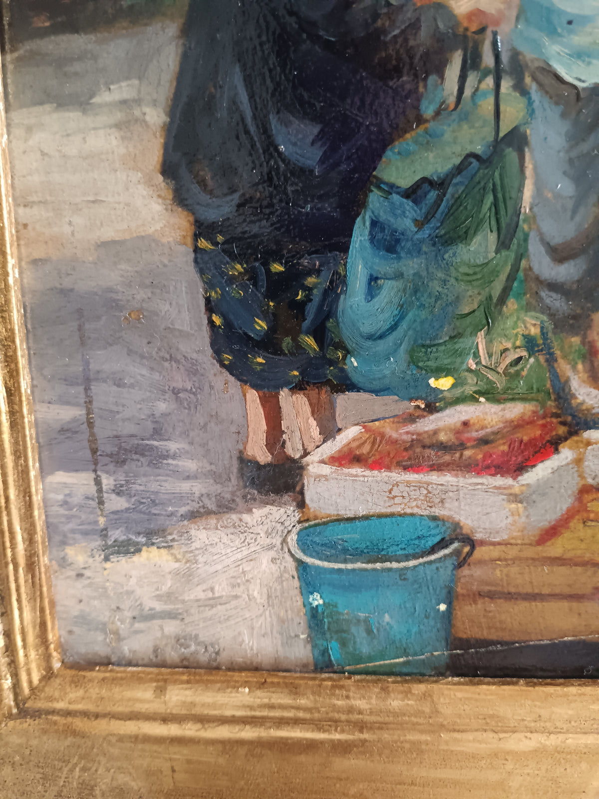 Dipinto Olio su Pannello Scena di Mercato del Pesce Figure Popolari XX Secolo